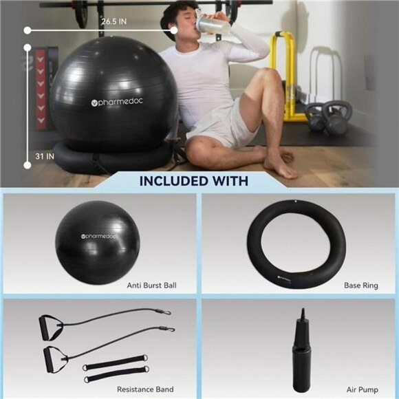 Pharmedoc Yoga Ball Chair with Base Bands Home Gym Pregnancy Birthing Ball 20in - Picture 5 of 8